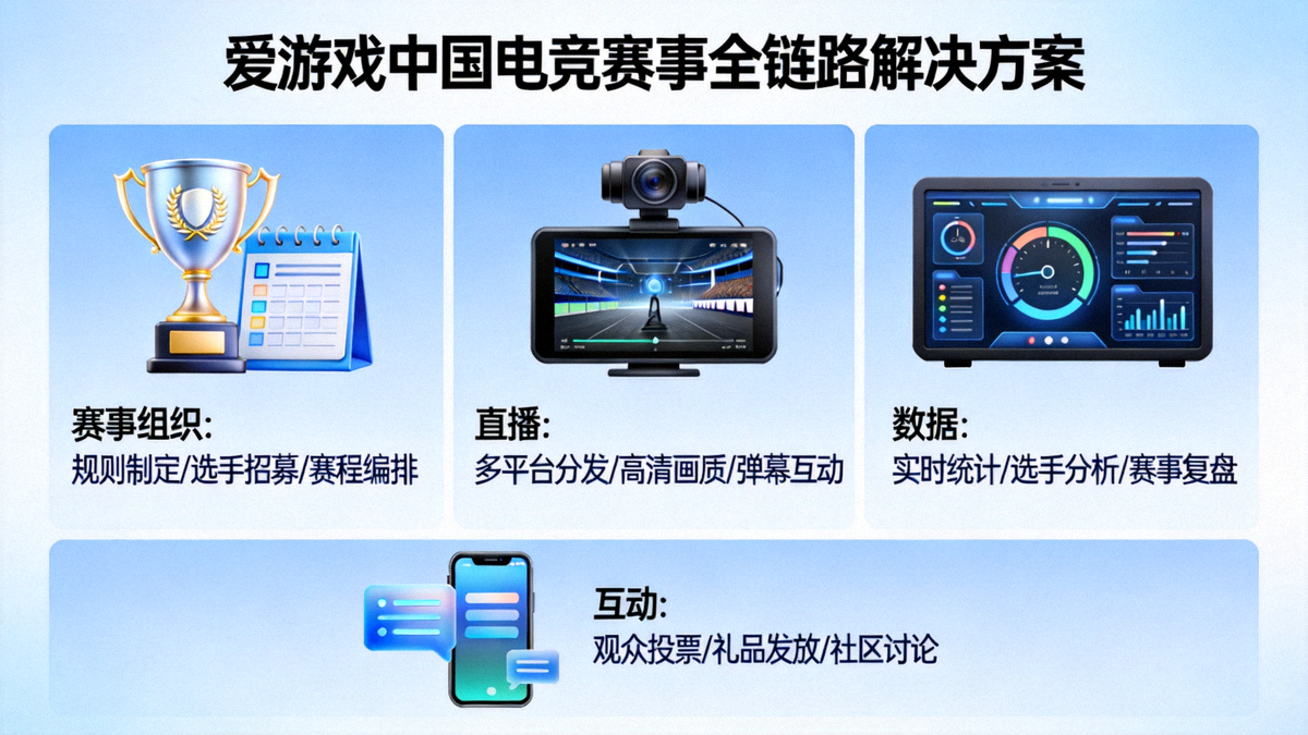 爱游戏中国展示的电竞赛事全链路解决方案示意图，涵盖赛事组织、直播、数据与互动环节