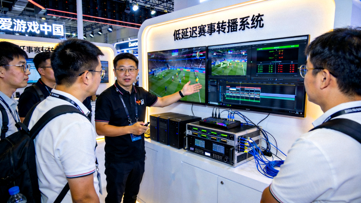 爱游戏中国技术团队在国际电竞赛事展台向参观者演示最新的低延迟赛事转播系统