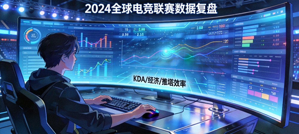 电竞数据分析师正在大屏幕前进行赛事数据复盘 - 象征电竞产业的专业化与数据化发展趋势