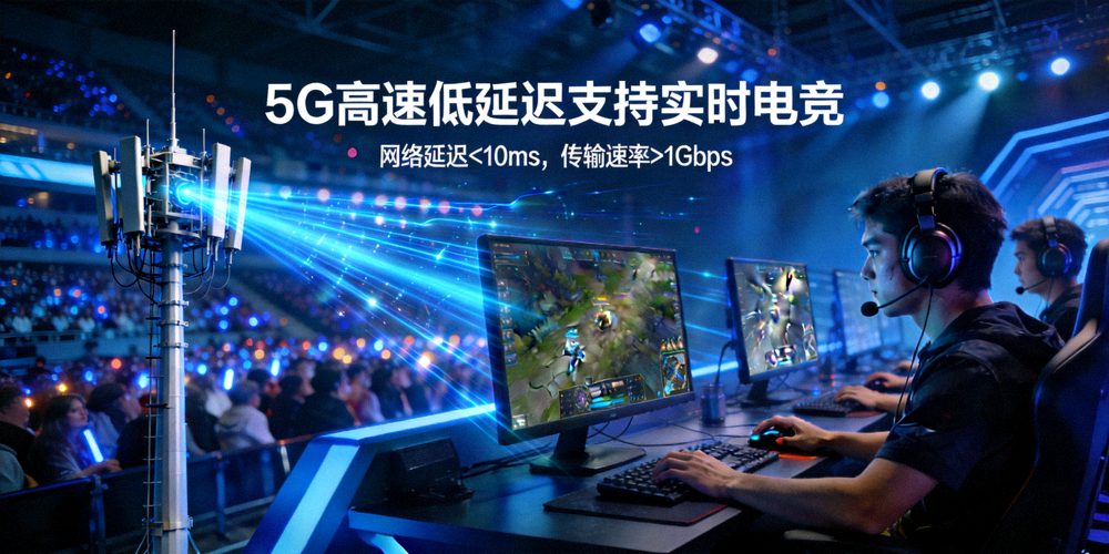 5G网络基站与电竞比赛现场 - 展示高速低延迟网络如何支持实时电竞比赛