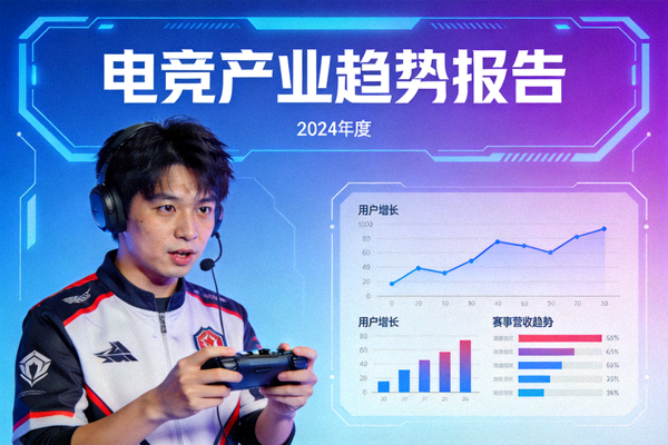电竞产业趋势报告封面 - 数据图表与电竞选手同屏展示