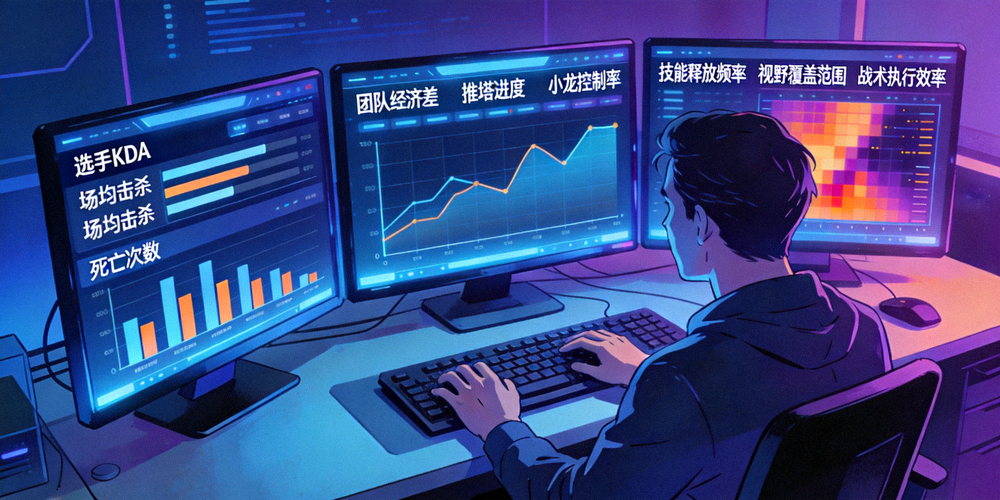 电竞数据分析师正在查看多屏实时数据仪表盘 - 展示选手表现指标与团队战术分析
