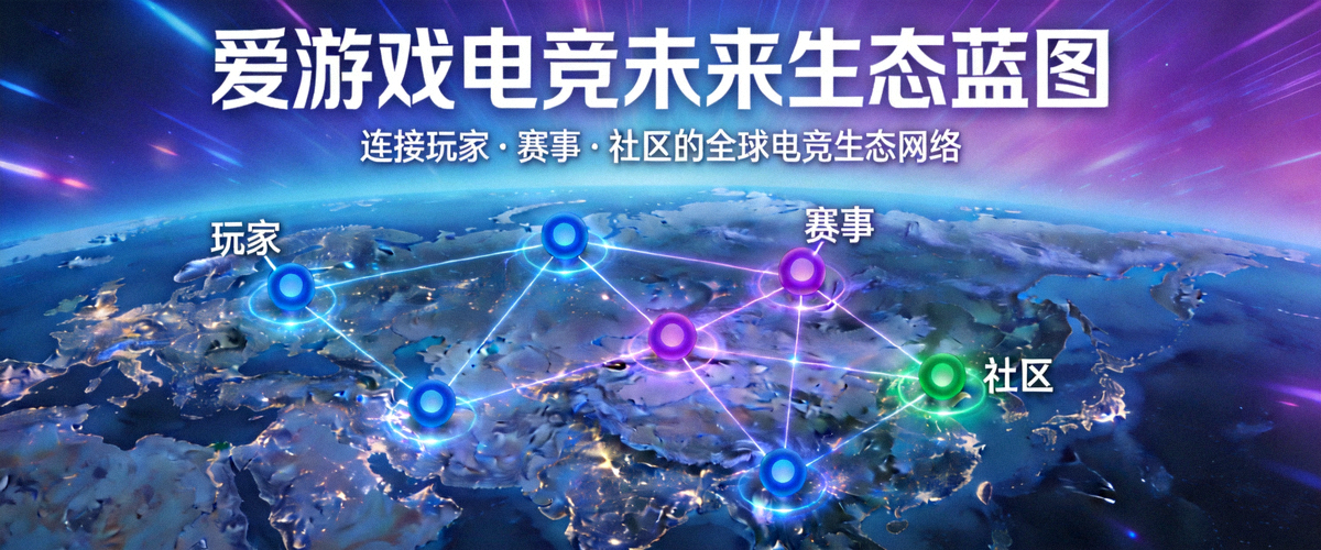 爱游戏电竞未来生态蓝图概念图 - 展示连接玩家、赛事与社区的全球网络