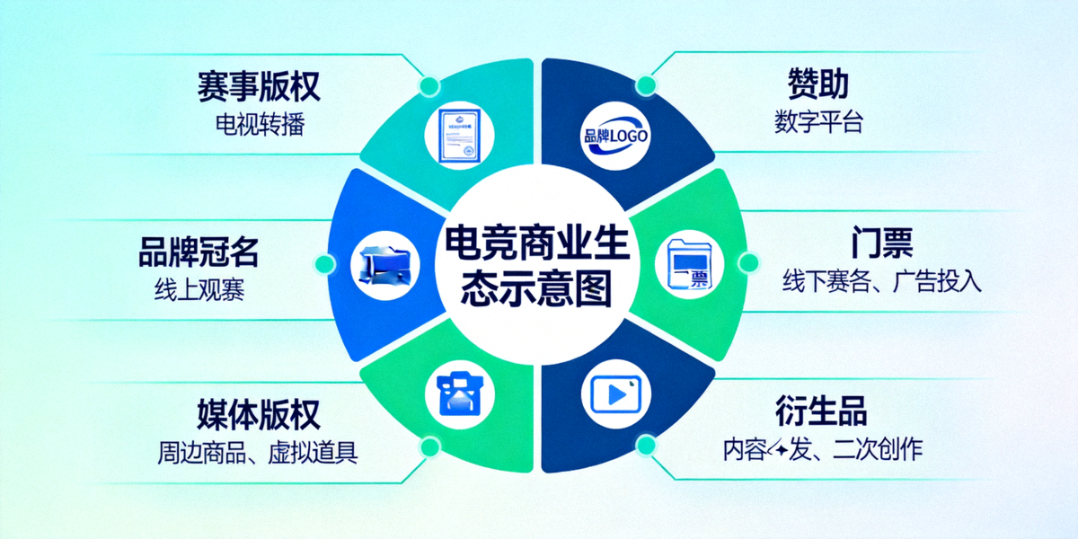电竞商业生态示意图，展示赛事版权、赞助、门票、衍生品、媒体版权等多元收入来源