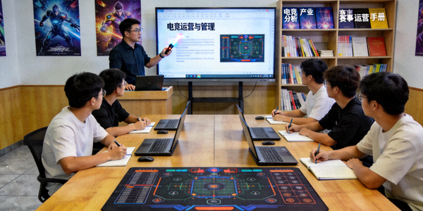 高校电竞课堂场景 - 学生在教室内学习电竞运营与管理知识