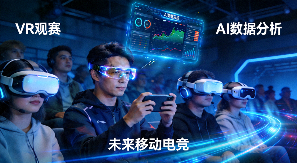 未来移动电竞场景概念图，包含VR观赛、AI数据分析等多种创新技术应用