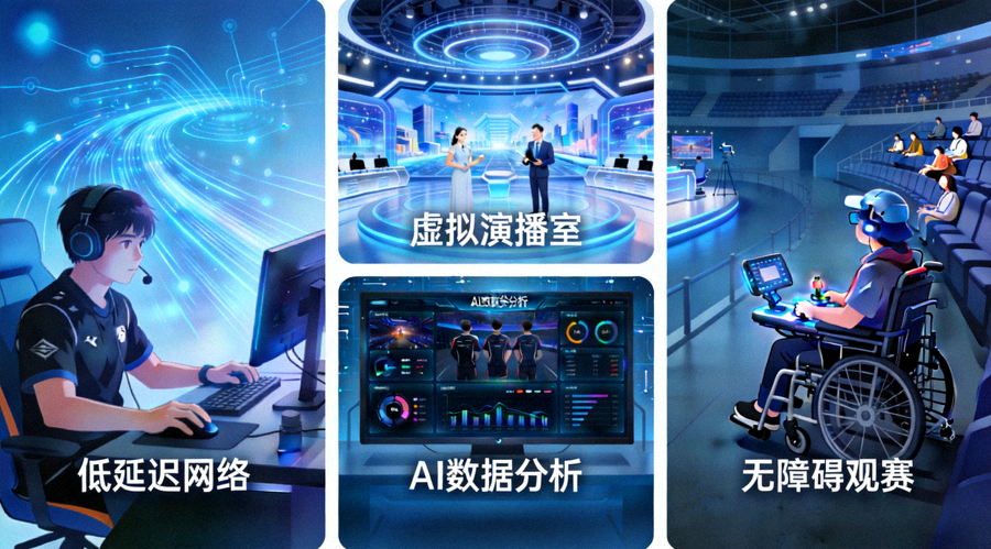 爱游戏平台电竞技术应用场景图 - 包括低延迟网络、虚拟演播室、AI数据分析和无障碍观赛功能