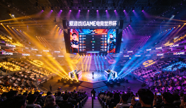 爱游戏IGAME电竞世界杯赛场全景，灯光舞台绚丽，观众座无虚席
