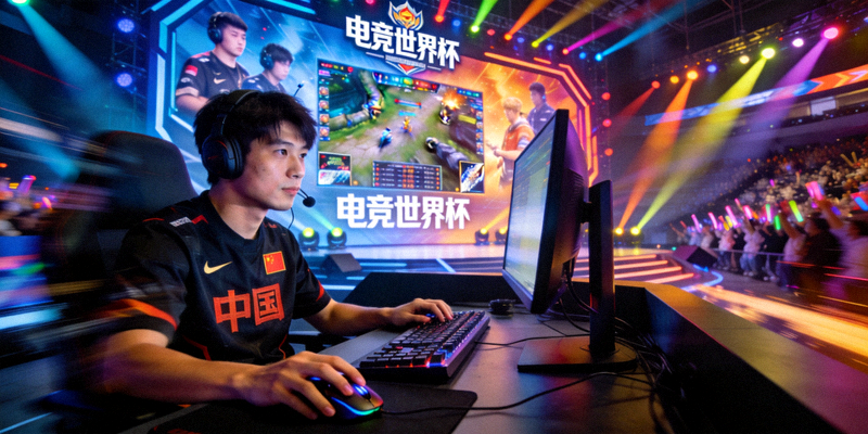 电竞世界杯中国队队员在比赛中全神贯注操作，背后是巨大的赛事屏幕与灯光舞台