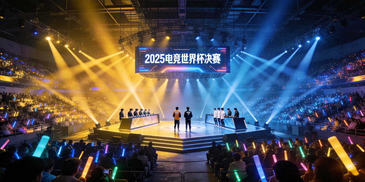 2025电竞世界杯决赛现场全景，观众席爆满，舞台灯光璀璨，两支顶级战队即将展开巅峰对决