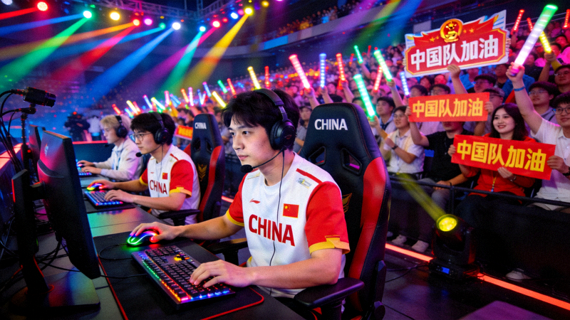 电竞世界杯中国队选手在比赛中专注操作，现场灯光璀璨，观众热情高涨