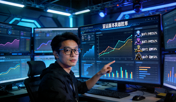 电竞数据分析师正在分析亚运版本数据 - 多屏幕显示曲线图与英雄胜率