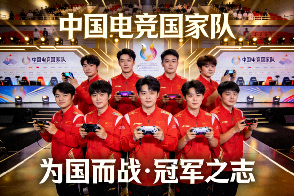 中国电竞国家队在亚运赛场上的团队合影，展现夺冠决心