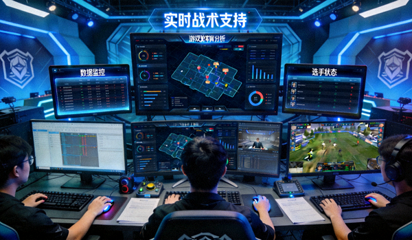 爱游戏体育电竞数据分析团队在后台工作，为赛事直播提供实时战术支持。