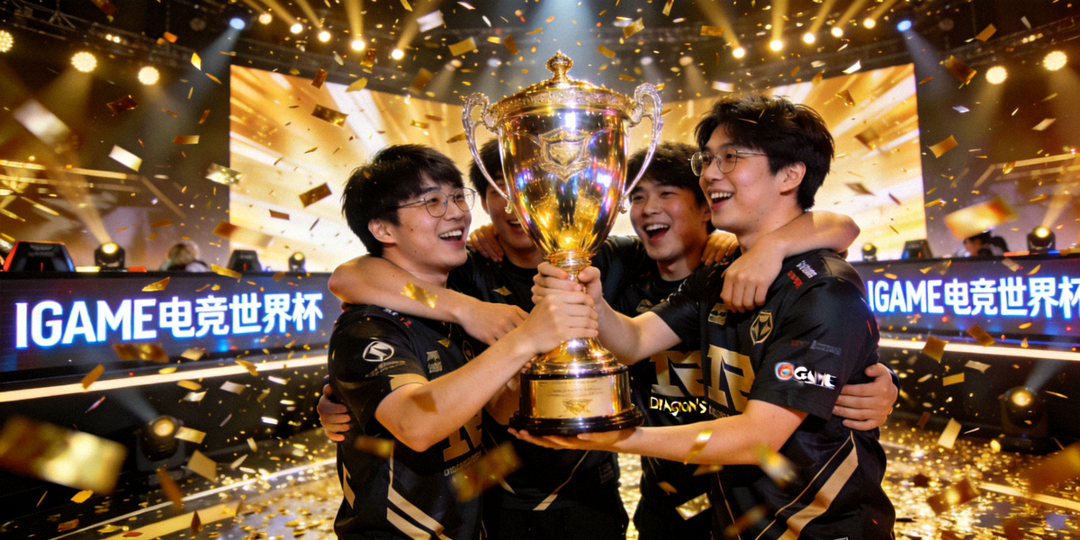 中国战队Dragon's Breath在IGAME电竞世界杯决赛舞台上捧起冠军奖杯，金色纸片漫天飞舞，队员们激动拥抱庆祝历史性胜利。