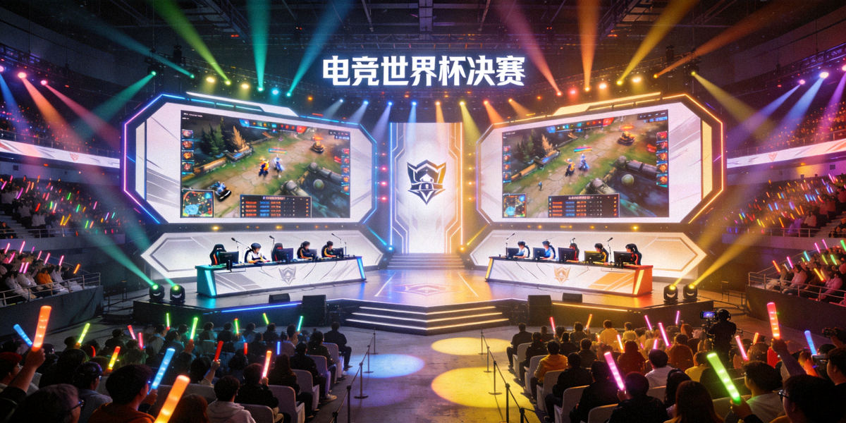 电竞世界杯决赛现场全景，两支战队在舞台两侧激烈对战，观众席爆满，灯光璀璨
