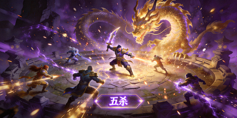 远古巨龙坑前爆发激烈团战，影流之镰英雄在龙坑中抢下巨龙并开启收割模式，屏幕显示五杀提示