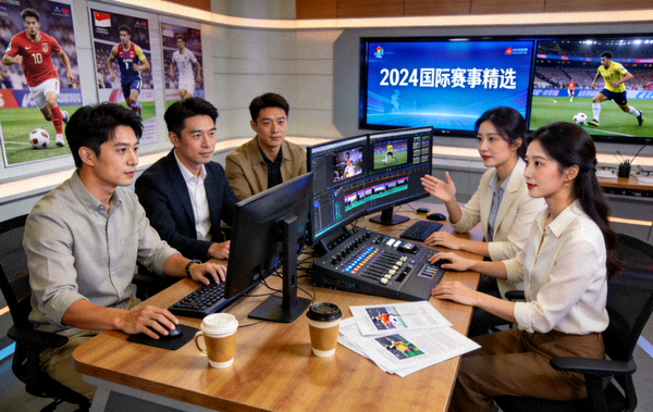 体育资讯编辑团队在演播室整理赛事素材的工作场景