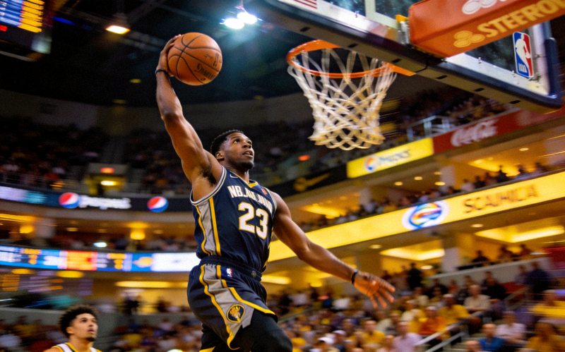 NBA常规赛篮球比赛现场球员上篮的精彩瞬间