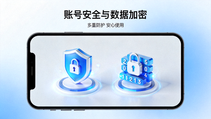 手机屏幕上显示账号安全与数据加密图标，账号安全专题配图