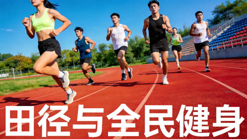 运动员在田径跑道上进行长跑训练，田径与全民健身主题配图
