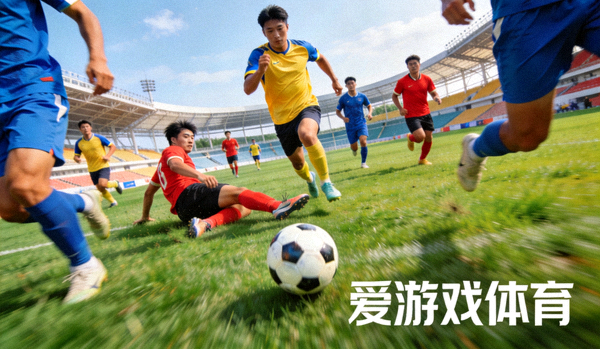 足球比赛现场，球员激烈拼抢，爱游戏体育实时更新配图